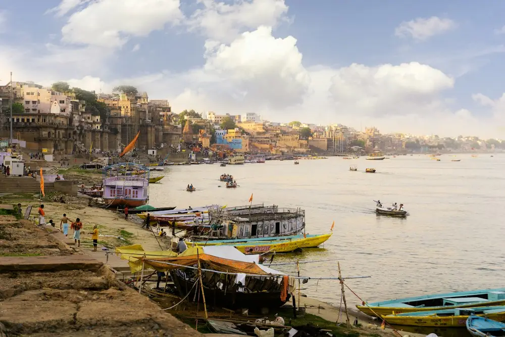 Boats moored along the ghats of the Ganges in Varanasi